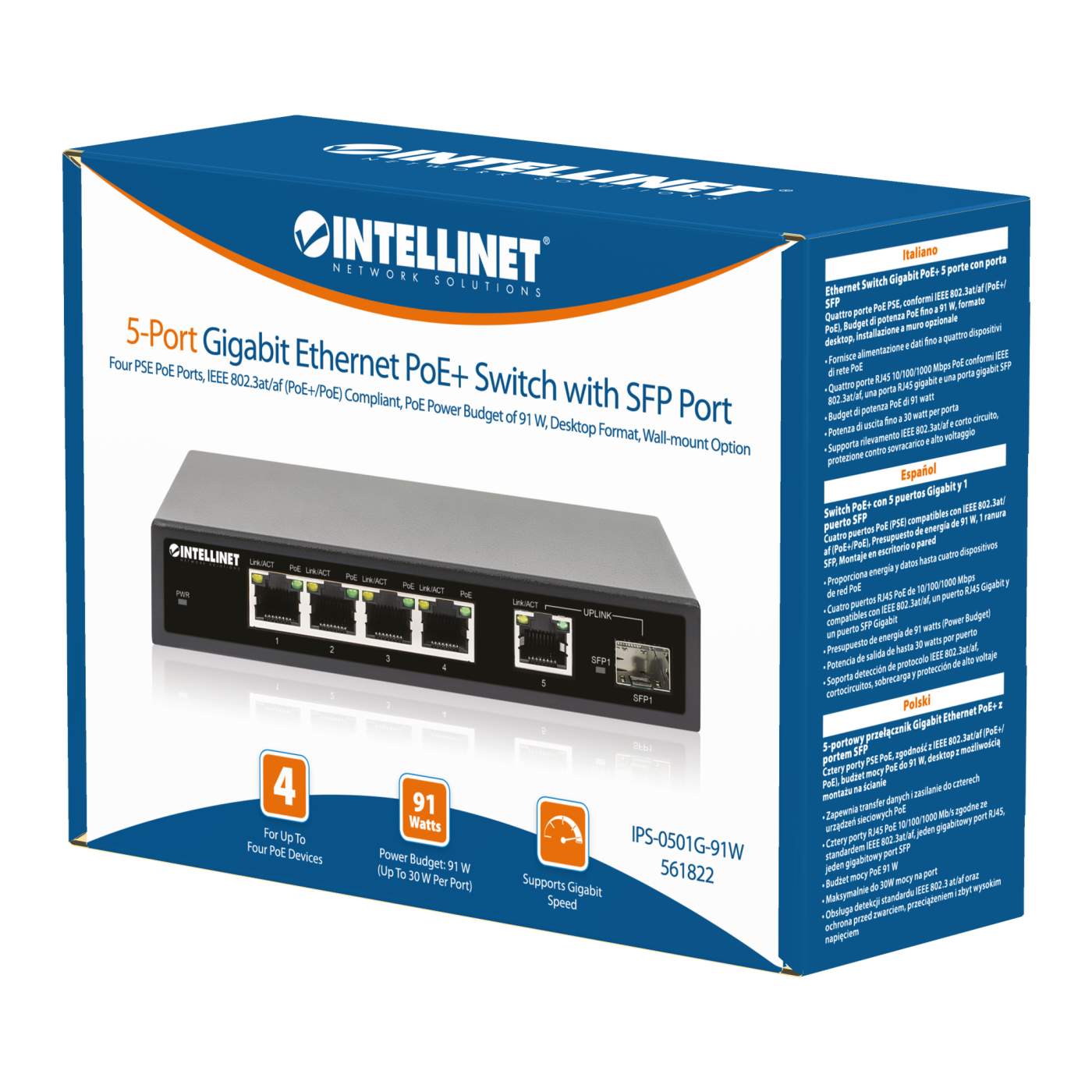 5-Port Gigabit Ethernet PoE+ Switch mit SFP-Port Packaging Image 2